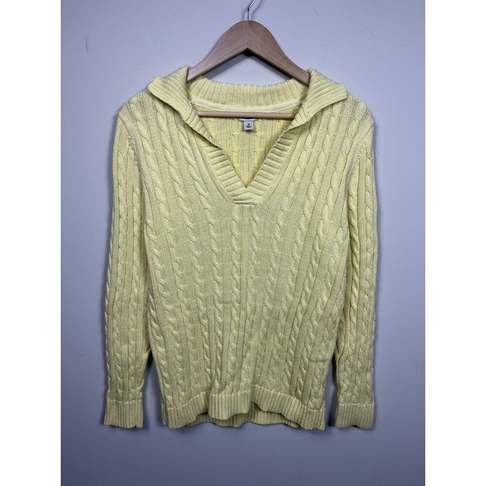 LL BEAN Womens Sweater Medium Yellow Cable Knit Collared Long Sleeve